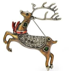 - Vintage REINDEER BROOCH Pin Christmas Bow Rhinestone Enamel Deer Jewelry
